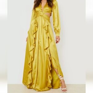 SATIN RUFFLE PLUNGE MAXI DRESS